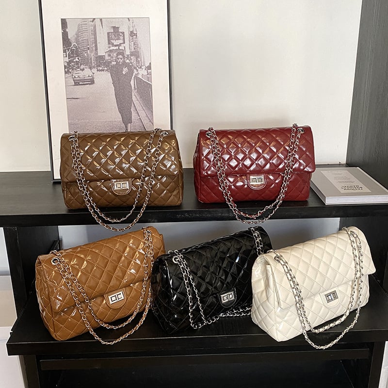 Geantă de damă din PU, quilt diamantat, curea din lanț, mărime medie, pentru zi de zi, stil crossbody