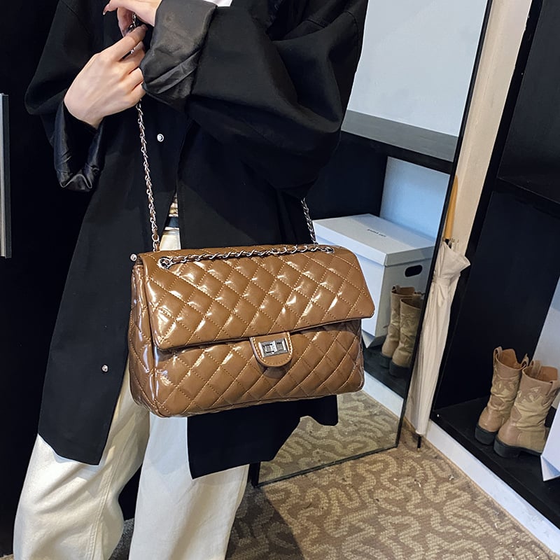 Geantă de damă din PU, quilt diamantat, curea din lanț, mărime medie, pentru zi de zi, stil crossbody