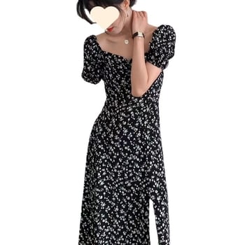 Rochie florală în stil franțuzesc, croială în A-line, decolteu pătrat și mâneci bufante, neagră, lungă, pentru vară