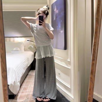 Fustă scurtă de vară în stil coreean, cu dantelă suprapusă în straturi, croială sirena, curea de legare, model peisaj urban, țesătură chenille