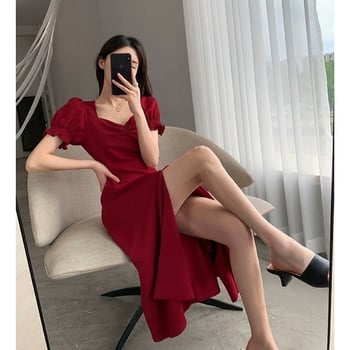 Rochie lungă pentru femei, mâneci bufante, decolteu pătrat, inspirație Hepburn, croială A-line retro franțuzesc cu slit
