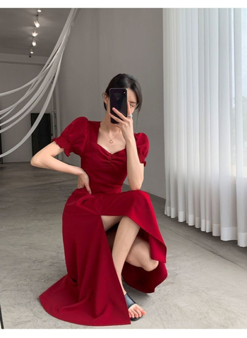 Rochie lungă pentru femei, mâneci bufante, decolteu pătrat, inspirație Hepburn, croială A-line retro franțuzesc cu slit