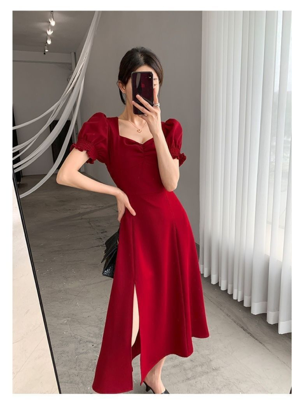 Rochie lungă pentru femei, mâneci bufante, decolteu pătrat, inspirație Hepburn, croială A-line retro franțuzesc cu slit