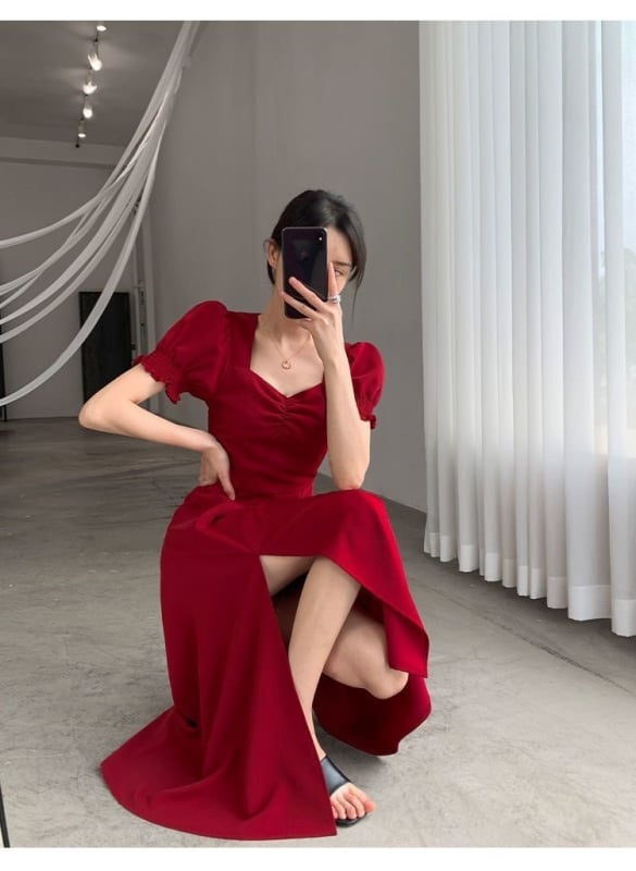 Rochie lungă pentru femei, mâneci bufante, decolteu pătrat, inspirație Hepburn, croială A-line retro franțuzesc cu slit