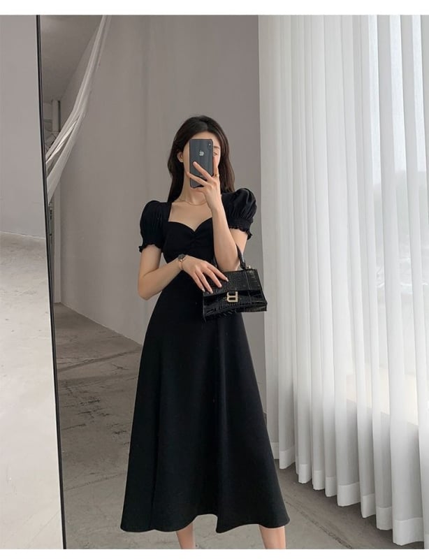 Rochie lungă pentru femei, mâneci bufante, decolteu pătrat, inspirație Hepburn, croială A-line retro franțuzesc cu slit