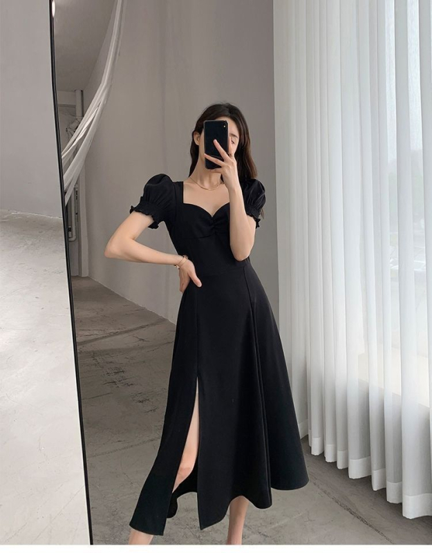 Rochie lungă pentru femei, mâneci bufante, decolteu pătrat, inspirație Hepburn, croială A-line retro franțuzesc cu slit
