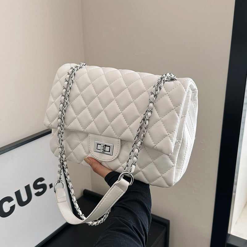 Geantă de umăr cu quilting diamantat și lanț, stil coreean, închidere cu lacăt