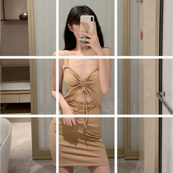 rochie din bumbac cu bretele, șnur în talie, decolteu în V, croială slim, scurtă, Q443