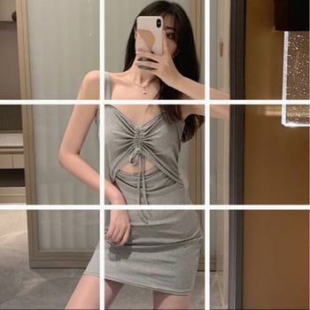 rochie din bumbac cu bretele, șnur în talie, decolteu în V, croială slim, scurtă, Q443