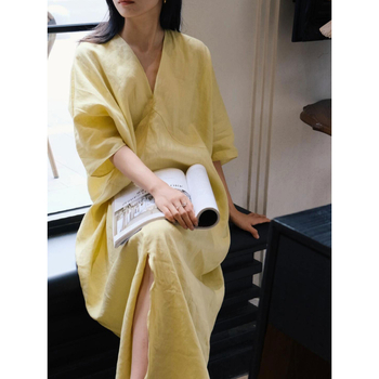 61097 Rochie galbenă pentru femei, vară, stil coreean, croială lejeră, stil francez, corp în formă de pară, efect de întinerire, acoperire a șoldurilor, rochie lungă în formă cocoon