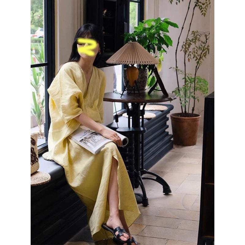 61097 Rochie galbenă pentru femei, vară, stil coreean, croială lejeră, stil francez, corp în formă de pară, efect de întinerire, acoperire a șoldurilor, rochie lungă în formă cocoon