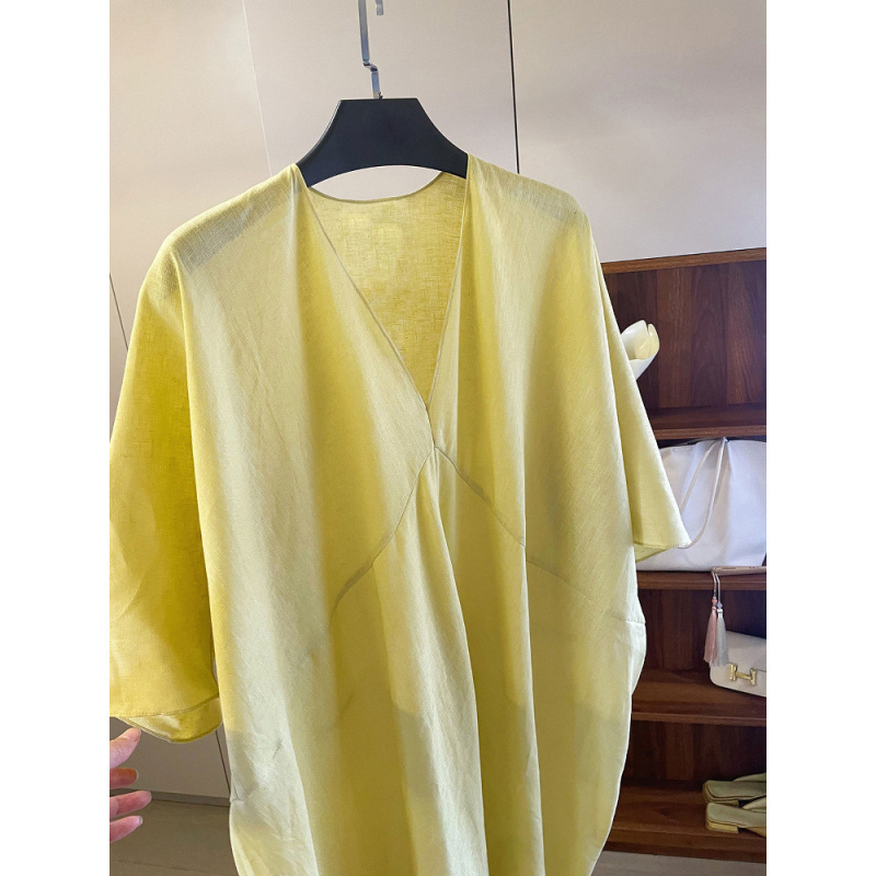 61097 Rochie galbenă pentru femei, vară, stil coreean, croială lejeră, stil francez, corp în formă de pară, efect de întinerire, acoperire a șoldurilor, rochie lungă în formă cocoon