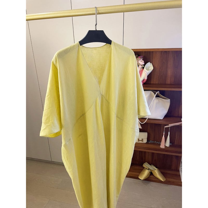 61097 Rochie galbenă pentru femei, vară, stil coreean, croială lejeră, stil francez, corp în formă de pară, efect de întinerire, acoperire a șoldurilor, rochie lungă în formă cocoon