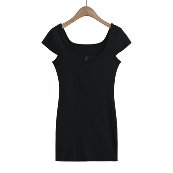 DS24054-24 Primăvară timpuriu, stil coreean, Pure Desire, funda, mâneci cu model plăci, decolteu pătrat, rochie bodycon
