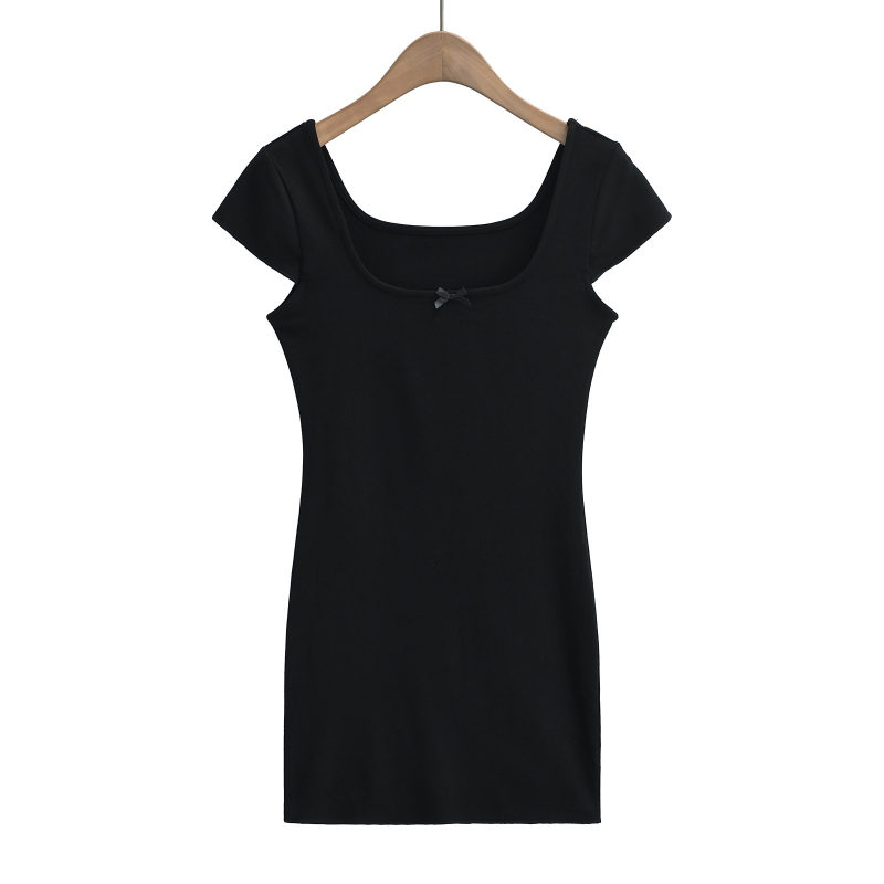 DS24054-24 Primăvară timpuriu, stil coreean, Pure Desire, funda, mâneci cu model plăci, decolteu pătrat, rochie bodycon
