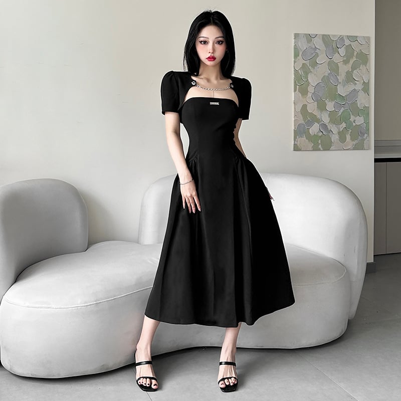Set din două piese în stil Hepburn, talie accentuată, rochie midi