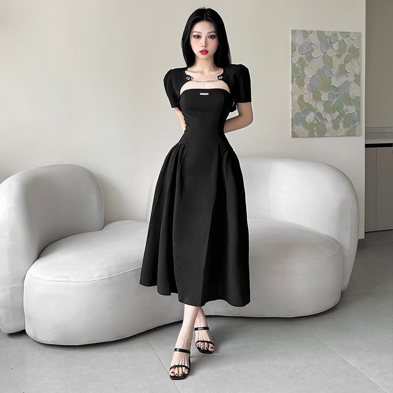 Set din două piese în stil Hepburn, talie accentuată, rochie midi