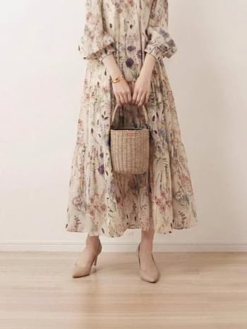 rochie de vară în stil japonez, imprimeu floral, guler rotund și mâneci lungi, 2026