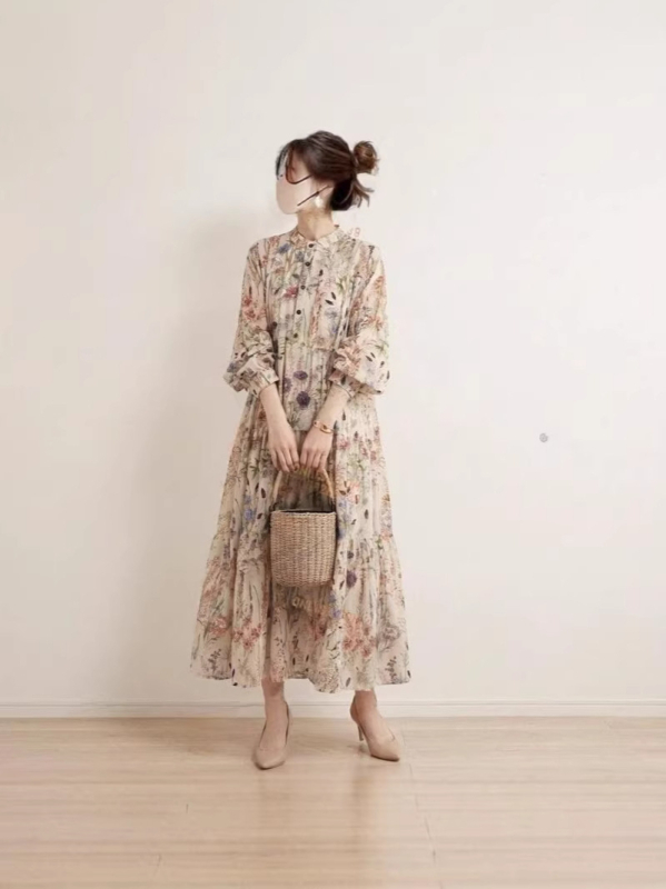 rochie de vară în stil japonez, imprimeu floral, guler rotund și mâneci lungi, 2026