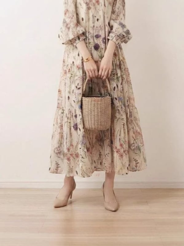 rochie de vară în stil japonez, imprimeu floral, guler rotund și mâneci lungi, 2026