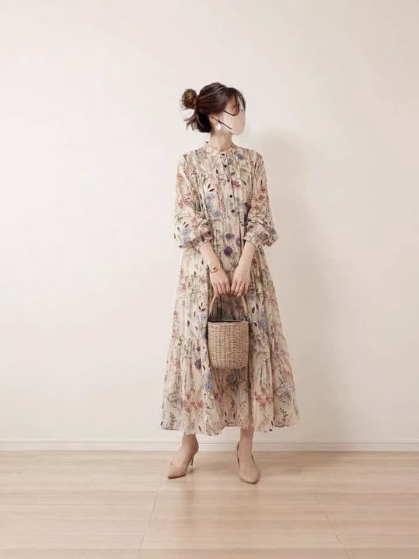 rochie de vară în stil japonez, imprimeu floral, guler rotund și mâneci lungi, 2026