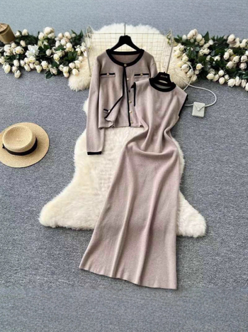 Set elegant de două piese pentru femei: cardigan tricotat cu guler rotund și rochie fără mâneci pentru toamnă și iarnă.