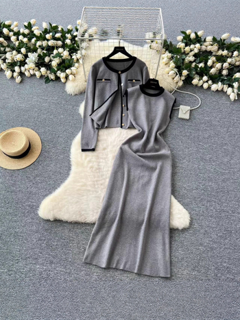 Set elegant de două piese pentru femei: cardigan tricotat cu guler rotund și rochie fără mâneci pentru toamnă și iarnă.