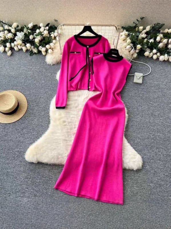 Set elegant de două piese pentru femei: cardigan tricotat cu guler rotund și rochie fără mâneci pentru toamnă și iarnă.