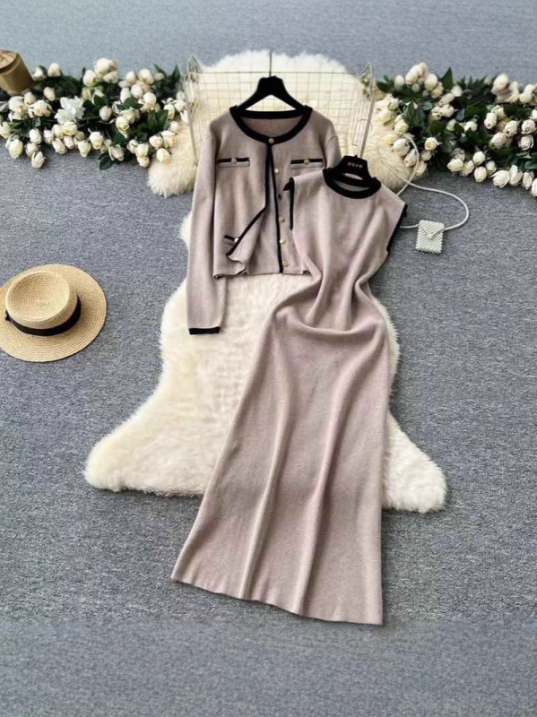 Set elegant de două piese pentru femei: cardigan tricotat cu guler rotund și rochie fără mâneci pentru toamnă și iarnă.
