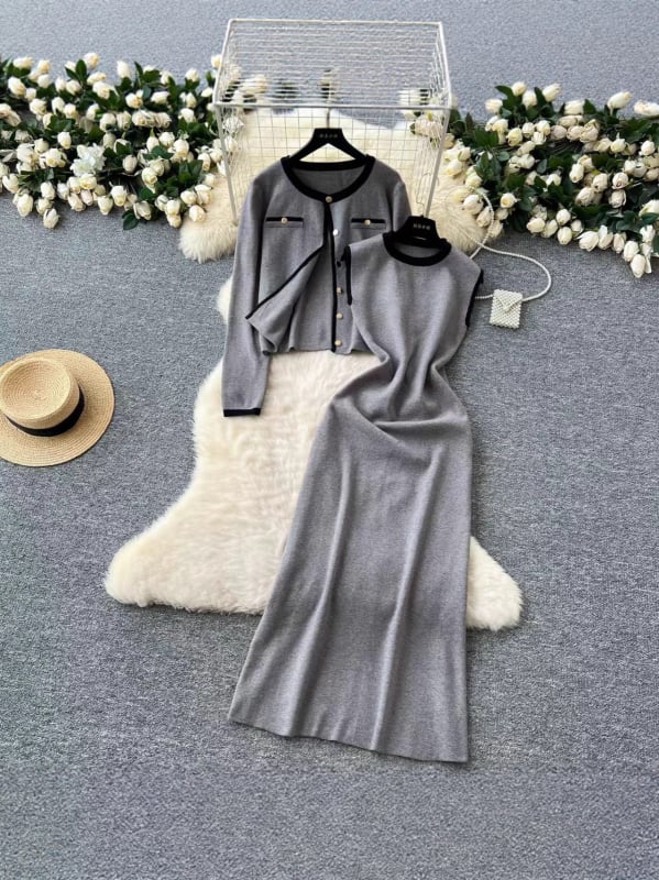 Set elegant de două piese pentru femei: cardigan tricotat cu guler rotund și rochie fără mâneci pentru toamnă și iarnă.
