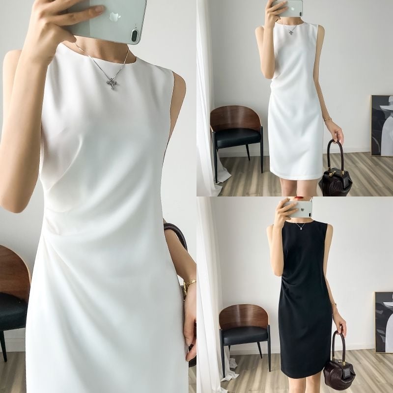 Rochie midi fără mâneci, plisată, guler rotund, elegantă și subțire pentru femei