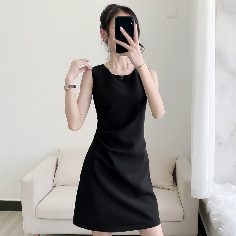 Rochie midi fără mâneci, plisată, guler rotund, elegantă și subțire pentru femei