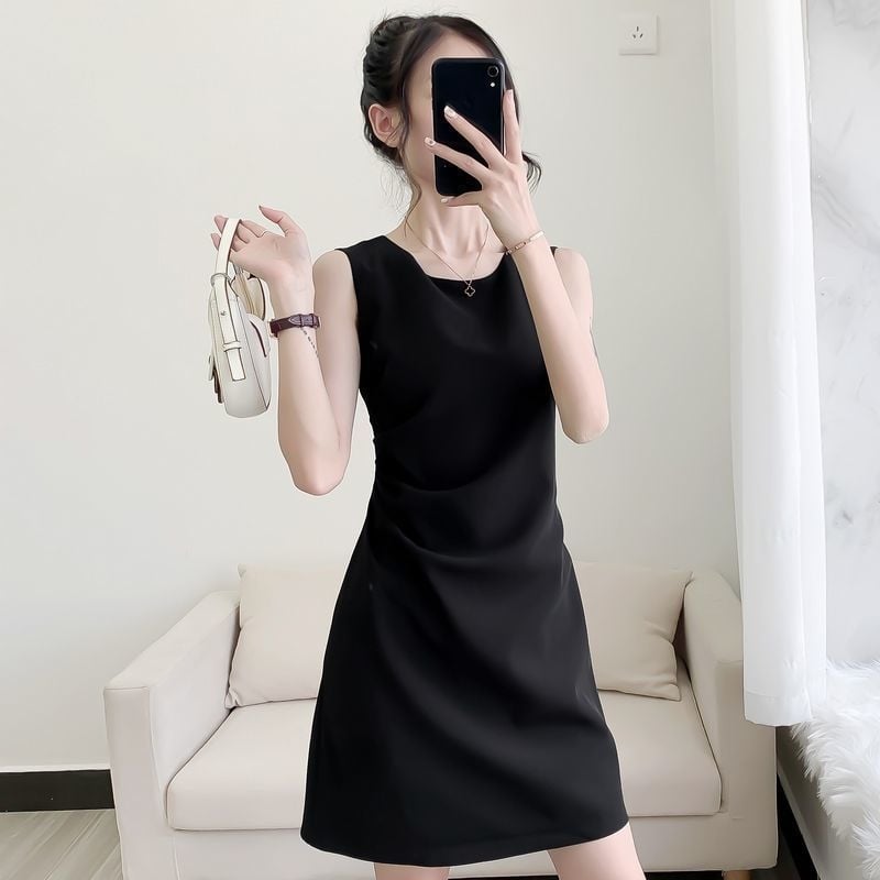 Rochie midi fără mâneci, plisată, guler rotund, elegantă și subțire pentru femei