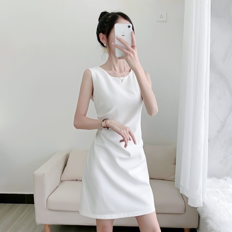 Rochie midi fără mâneci, plisată, guler rotund, elegantă și subțire pentru femei