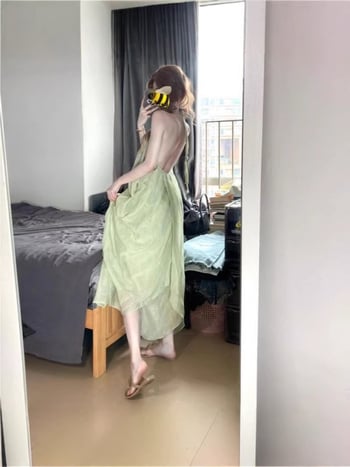Rochie lungă de plajă cu spate decupat și decolteu în V, halter, vară, stil franțuzesc sexy și elegant