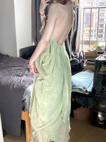 Rochie lungă de plajă cu spate decupat și decolteu în V, halter, vară, stil franțuzesc sexy și elegant