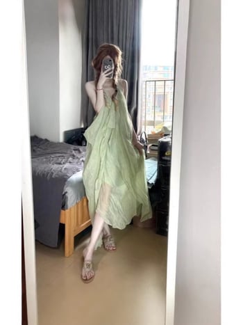 Rochie lungă de plajă cu spate decupat și decolteu în V, halter, vară, stil franțuzesc sexy și elegant
