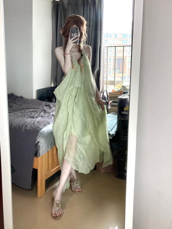 Rochie lungă de plajă cu spate decupat și decolteu în V, halter, vară, stil franțuzesc sexy și elegant