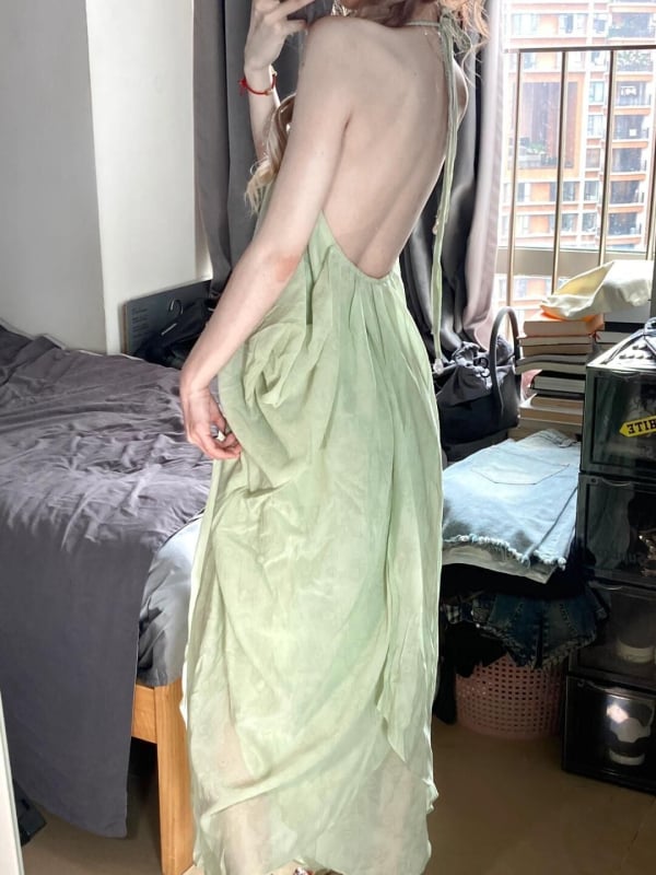 Rochie lungă de plajă cu spate decupat și decolteu în V, halter, vară, stil franțuzesc sexy și elegant