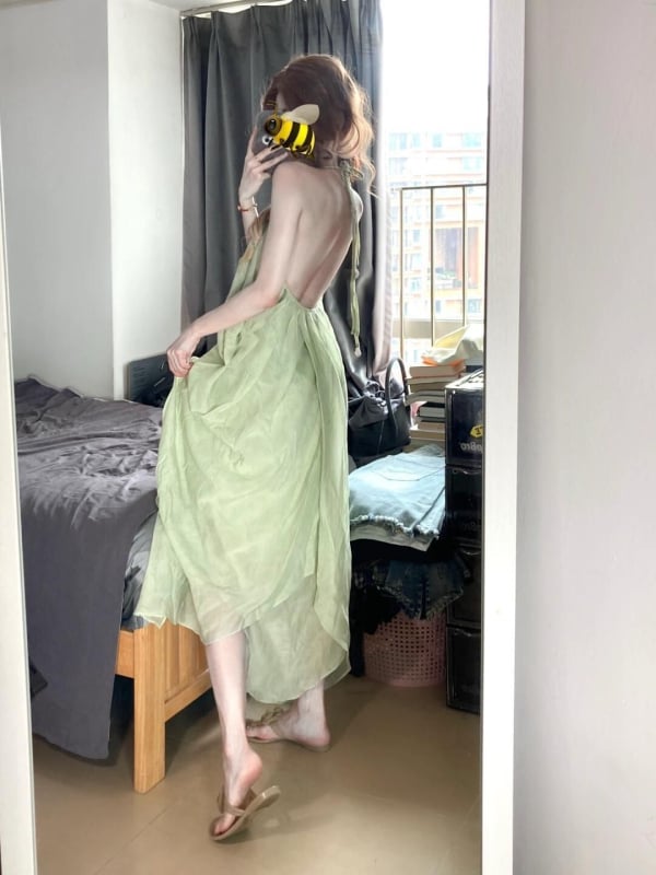 Rochie lungă de plajă cu spate decupat și decolteu în V, halter, vară, stil franțuzesc sexy și elegant