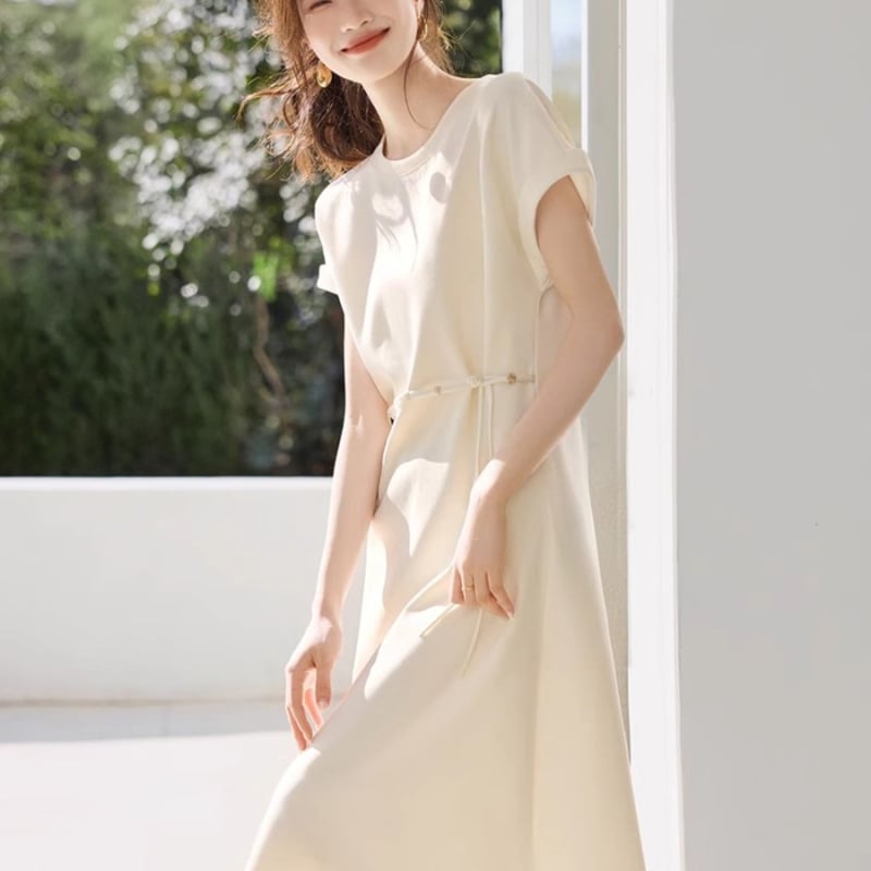 Rochie T-shirt cu stil național, casual, vară 2025, croială A-line, lungime medie, mânecă scurtă