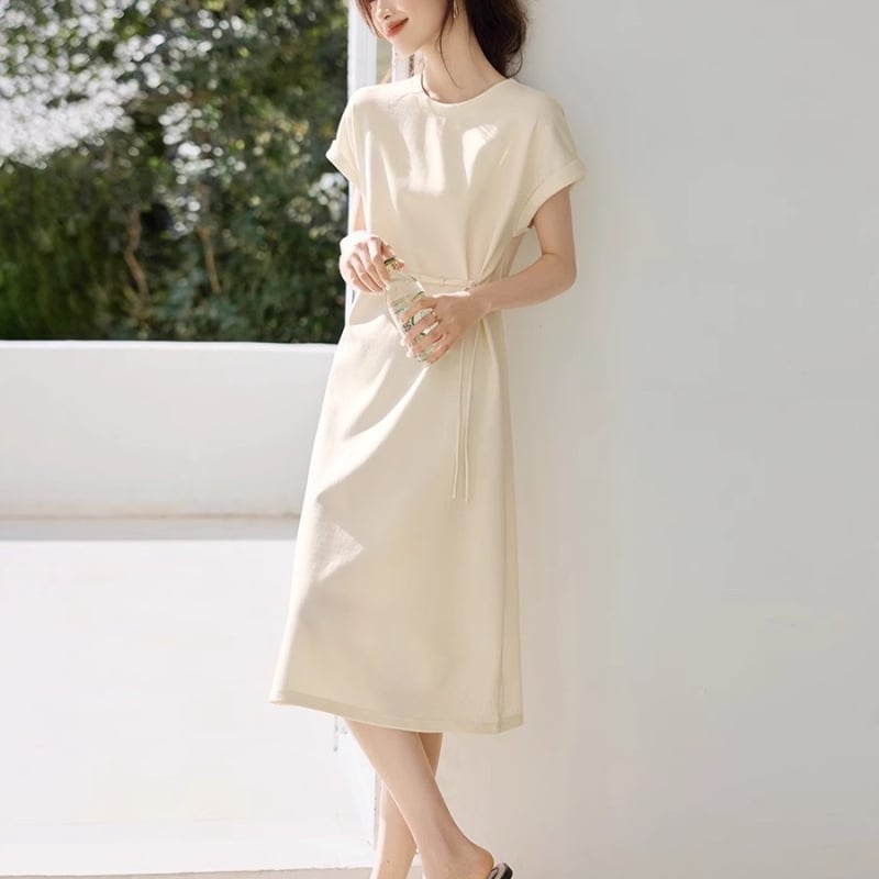 Rochie T-shirt cu stil național, casual, vară 2025, croială A-line, lungime medie, mânecă scurtă