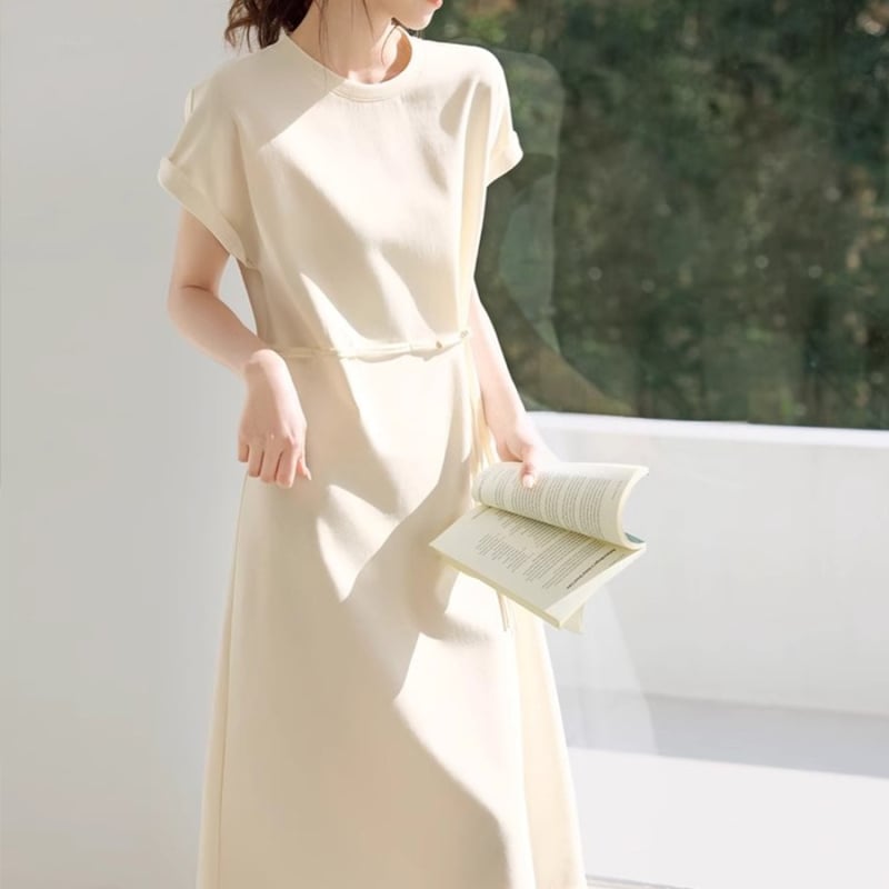 Rochie T-shirt cu stil național, casual, vară 2025, croială A-line, lungime medie, mânecă scurtă