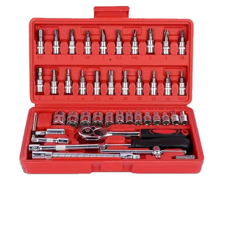 Set de 46 de unelte pentru reparații auto, cu cheie cu soclu și set de biți – oțel din carbon