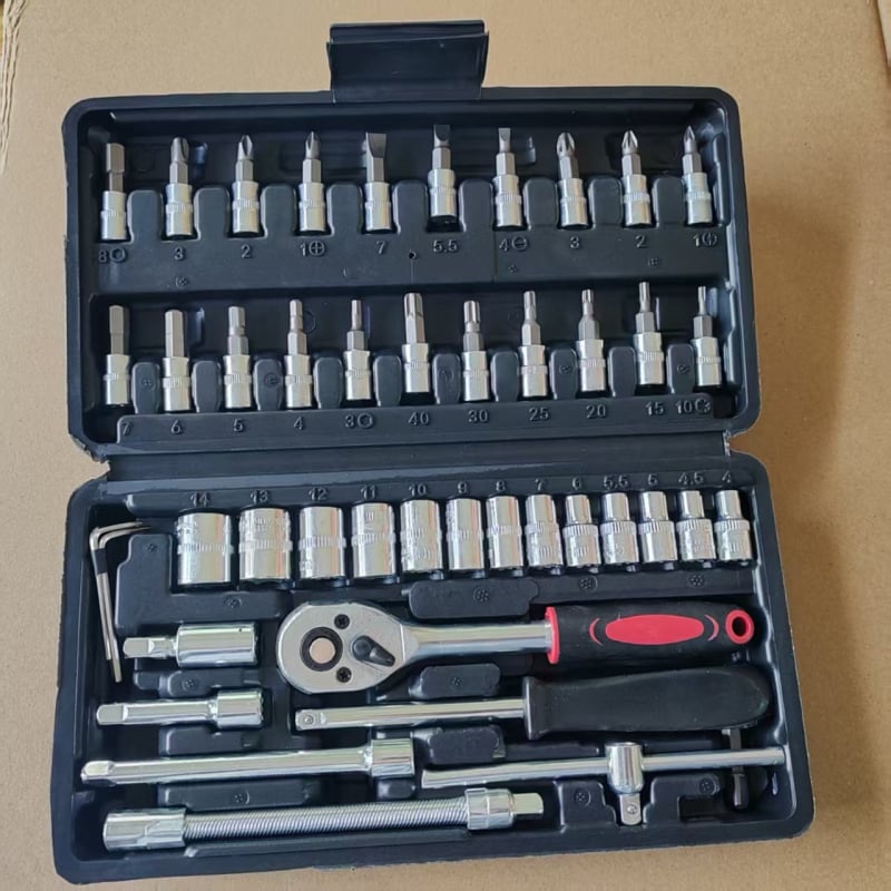 Set de 46 de unelte pentru reparații auto, cu cheie cu soclu și set de biți – oțel din carbon