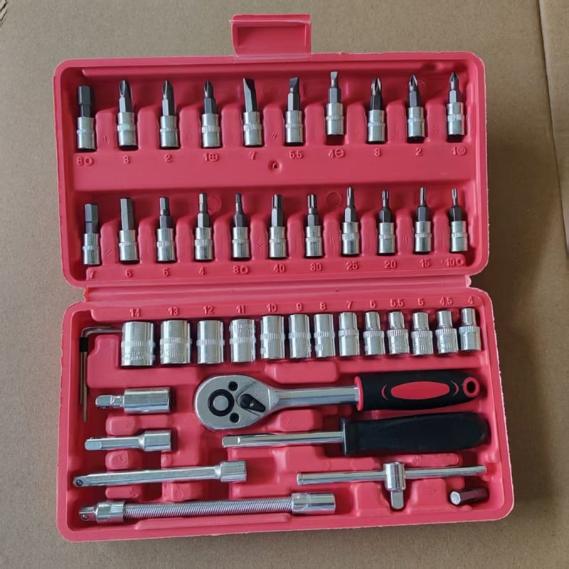 Set de 46 de unelte pentru reparații auto, cu cheie cu soclu și set de biți – oțel din carbon