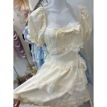 Rochie nouă în stil Lolita pentru femei, vară, retro franțuzesc, mâneci bufante, talie evidențiată, fustă cu volane