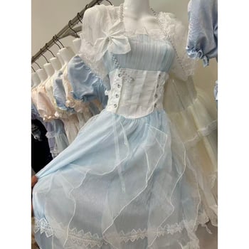 Rochie nouă în stil Lolita pentru femei, vară, retro franțuzesc, mâneci bufante, talie evidențiată, fustă cu volane
