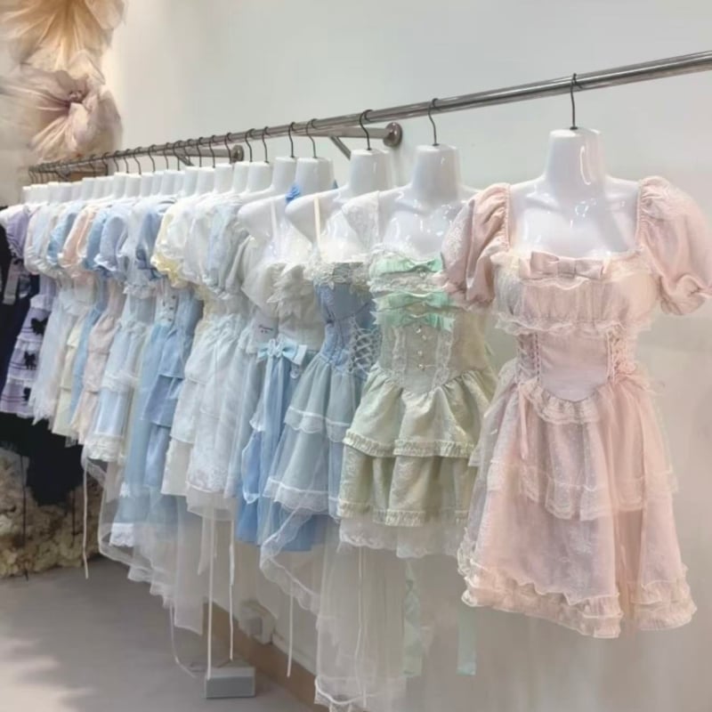 Rochie nouă în stil Lolita pentru femei, vară, retro franțuzesc, mâneci bufante, talie evidențiată, fustă cu volane
