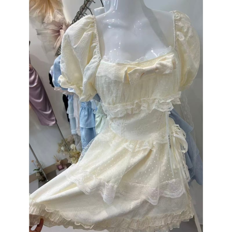 Rochie nouă în stil Lolita pentru femei, vară, retro franțuzesc, mâneci bufante, talie evidențiată, fustă cu volane